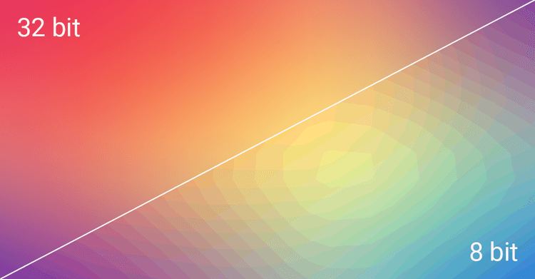 High-bitrate versus low-bitrate color gradient comparison, representing Screenberry's 32-bit color processing capabilities