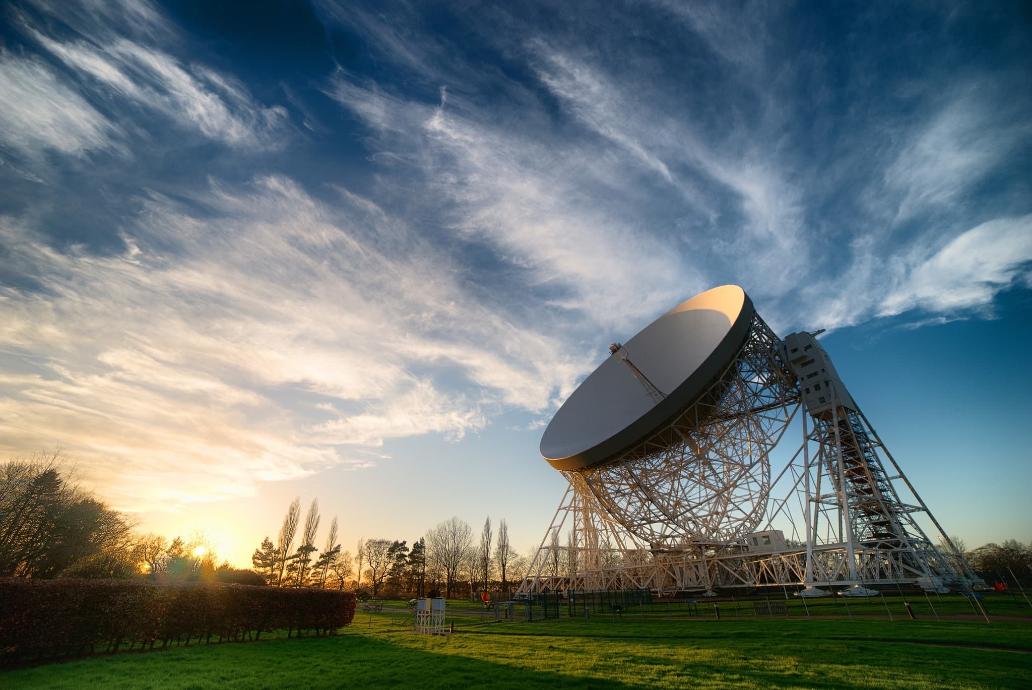 Exterior view of Jodrell Bank's Lowell Telescope.
