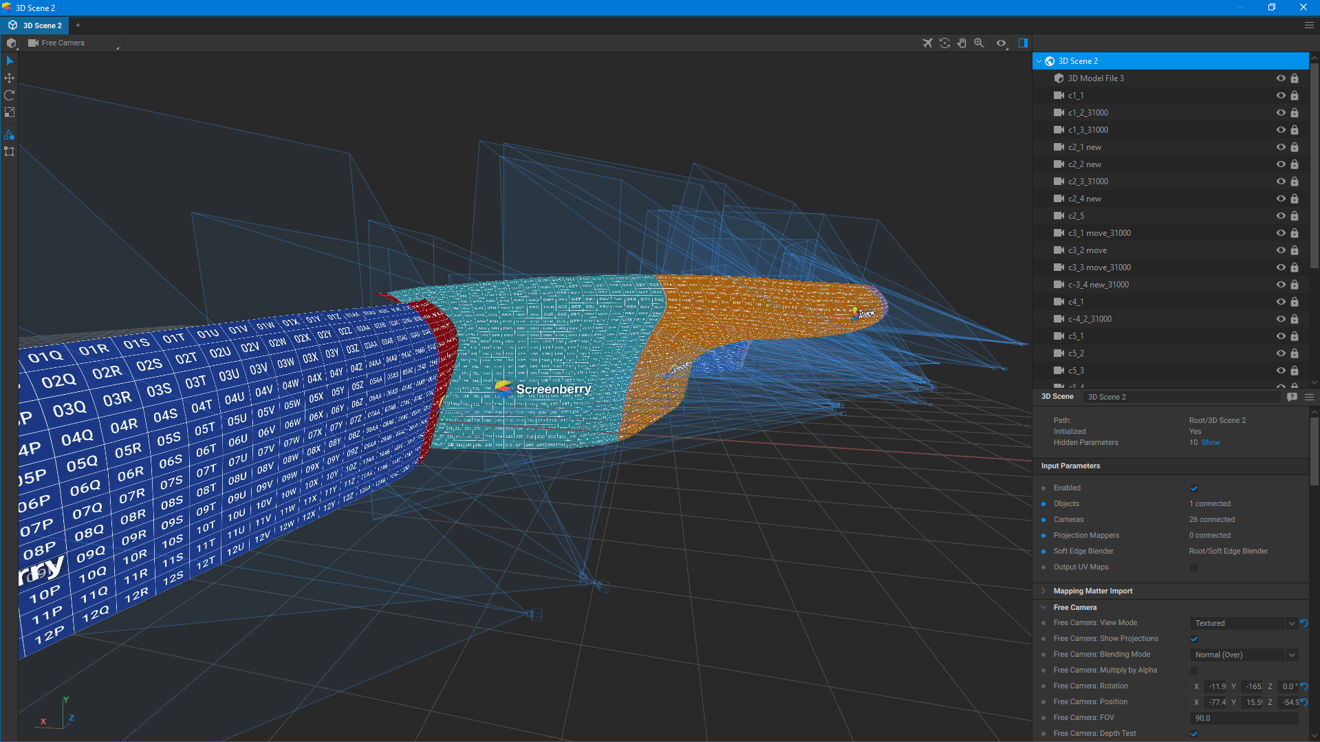 Screenberry interface displaying the DDP mapping projection setup within the 3D Scene