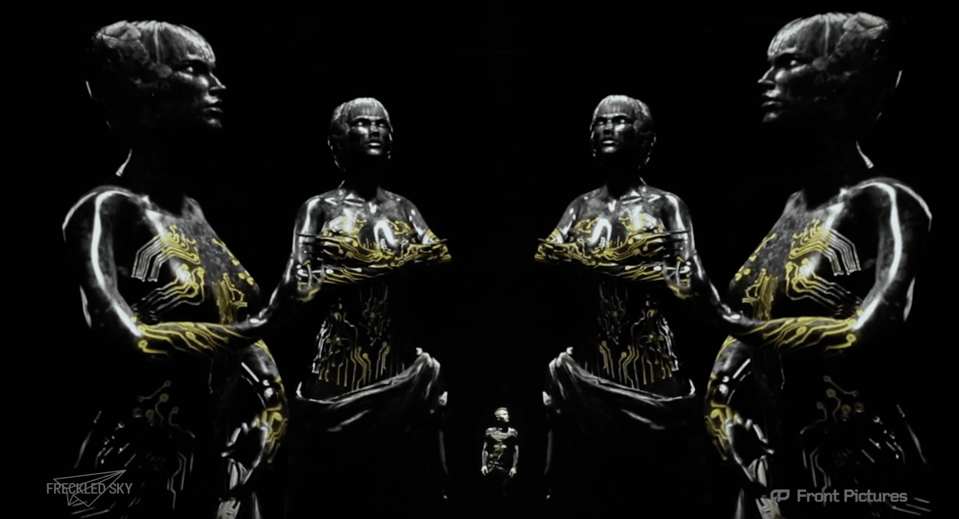 A performer surrounded by holographic visuals powered by Screenberry as part of The Challenge Show