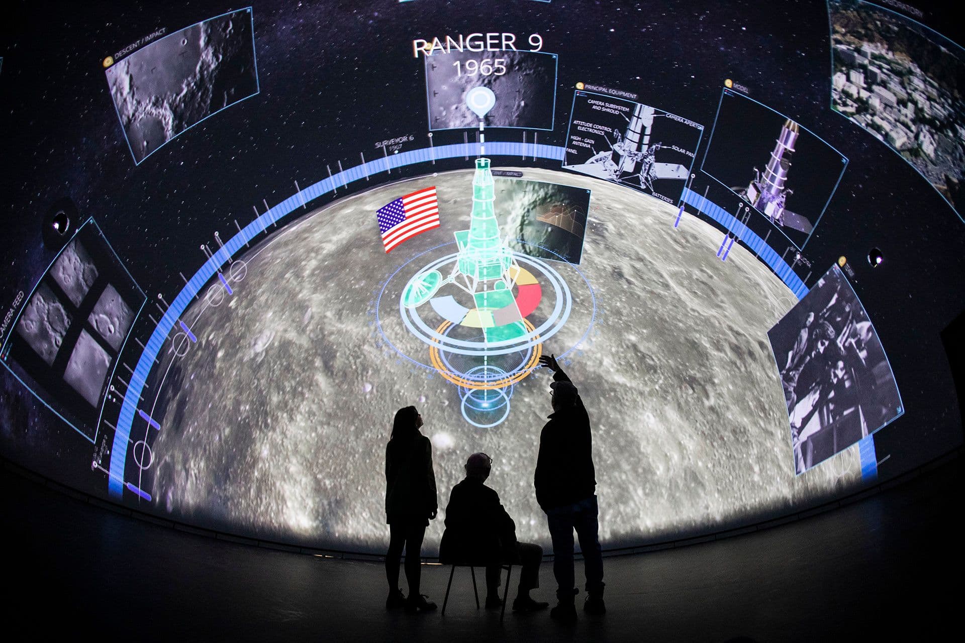 A group of people looking at a fulldome projection inside the Devonport Market Hall's 210-degree dome theater driven by Screenberry