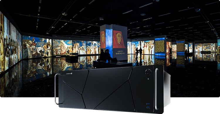 Screenberry server computer in front of a digital art gallery