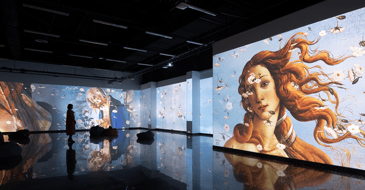 A person standing in the middle of a multimedia exhibition, showcasing Screenberry's capabilities in extreme resolution video playback