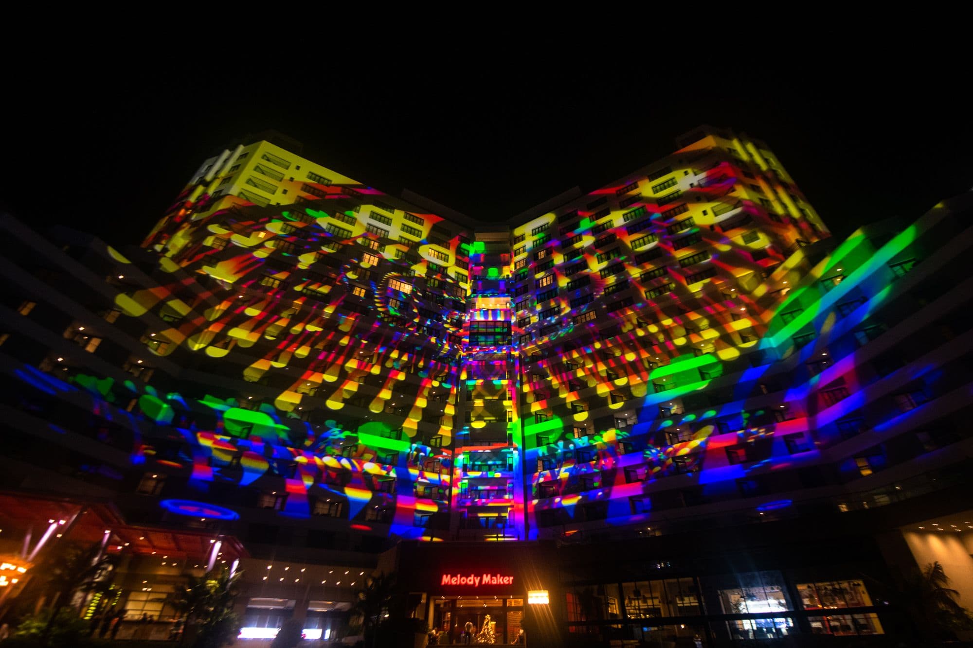 Video mapping onto the facade of Melody Maker Cancun Hotel